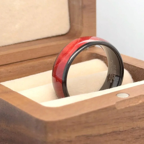 "Burl Wood Wood Inlay Black Tungsten Ring, GALTUN973 - Picture 1 of 3